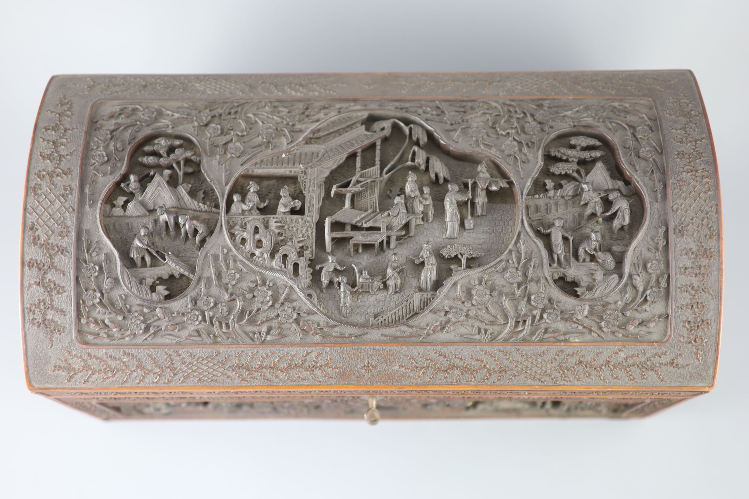 A large Chinese carved sandalwood box, 19th century, 40.5cm wide, Provenance - A. T. Arber-Cooke